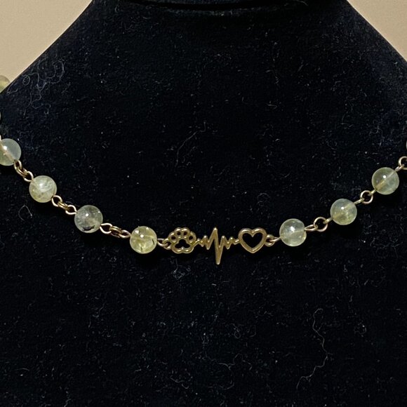 Natural Prehnite Necklace, Bronze Paw Print Heart Beat + Genuine Gemstone - Picture 3 of 16
